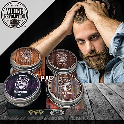 Viking Revolution Beard Balm For Men (4x28g) Variety Pack - Sandalwood, Pine & Cedar, Bay Rum, Clary Sage Beard Wax For Men - Styles, Strengthens & Softens For Healthy Beards