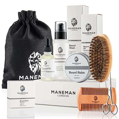 Maneman London Beard Grooming Kit for Men - 7 Piece Gift set, shampoo, oil, softens,itch free relief