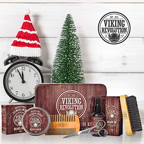 Viking Revolution Beard Grooming Kit for Men - Ultimate Beard Kit - Boar Beard Brush, Wood Beard Comb, Sandalwood Beard Balm, Sandalwood Beard Oil, Beard & Mustache Scissors