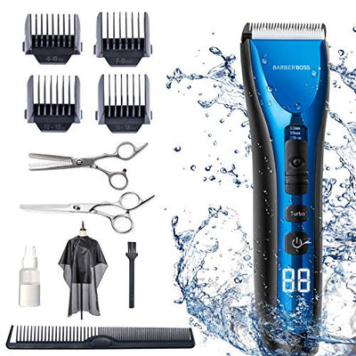 BarberBoss Professional Hair Clippers for Men Kids Family, Waterproof Hair Trimmer Cordless Rechargeable Led Display Three Speed Adjustment Electric Ceramic Blades Hair Clippers Beard Trimmer Cordless