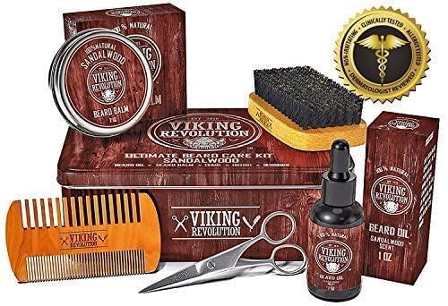 Viking Revolution Beard Grooming Kit for Men - Ultimate Beard Kit - Boar Beard Brush, Wood Beard Comb, Sandalwood Beard Balm, Sandalwood Beard Oil, Beard & Mustache Scissors